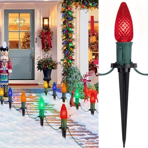 Miniatura 13 de Tira de luces LED estilo sendero de Navidad para exteriores; tira de 20 luces LED C9 con carcasa de fresa y estaca, interconectables, luz cálida