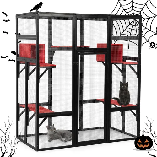 Miniatura 2 de Nyeekoy Refugio de gato al aire libre de madera grande de 71 pulgadas con perchas y condominios, casa para gatos con techo impermeable, refugio