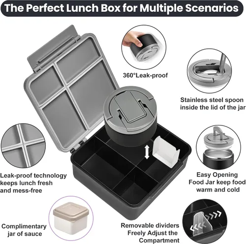 Miniatura 5 de Lonchera Bento con termo de sopa de 8 onzas, a prueba de fugas, 4 compartimentos, para niños, con taza de salsa y bolsa de hielo, tarro de comida
