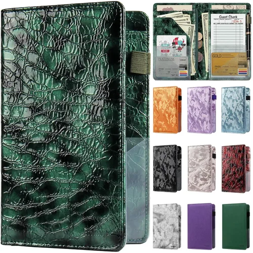 Miniatura 9 de Libreta de mesera para camarera, organizador de cuero con bolsillo con cremallera, folleto para personal de restaurante, soporte para cheques de Café