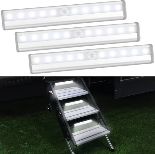 Paquete de 3 luces con sensor de movimiento para pasos de RV, tira de luz con 10 LED alimentada por batería, luz de movimiento activada por sensor