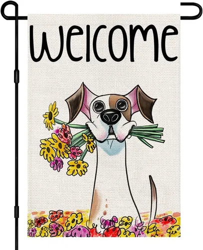 Bandera de jardín de flores de primavera de 12 x 18 pulgadas, arpillera de doble cara en el exterior, letrero floral de temporada para perro,