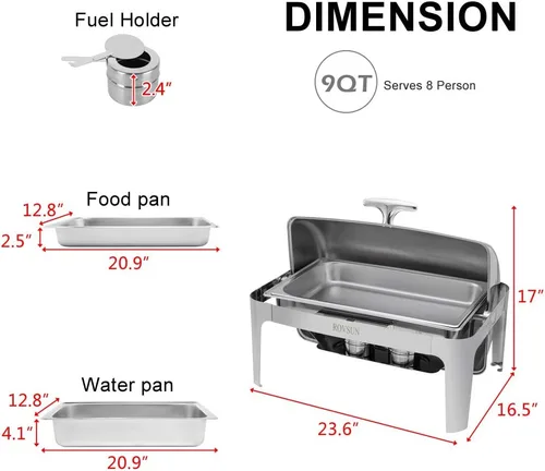 Miniatura 6 de ROVSUN Juego de bufé de platos para rozar platos de 9 cuartos de galón de acero inoxidable, juego rectangular NSF con bandeja para alimentos