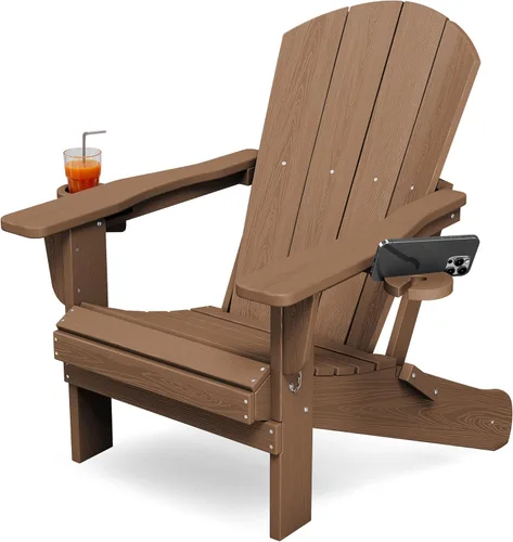 Miniatura 33 de KINGYES Silla plegable Adirondack con portavasos dobles - Sillas de exterior de HDPE para todo clima, silla de patio tipo madera para el patio Negro