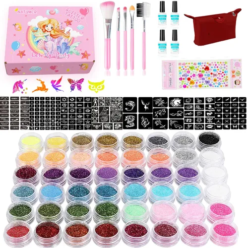 Kit de tatuajes con purpurina en 48 colores, tatuajes temporales impermeables con 203 plantillas, 5 pinceles 4 pegamento, arte de uñas corporales,
