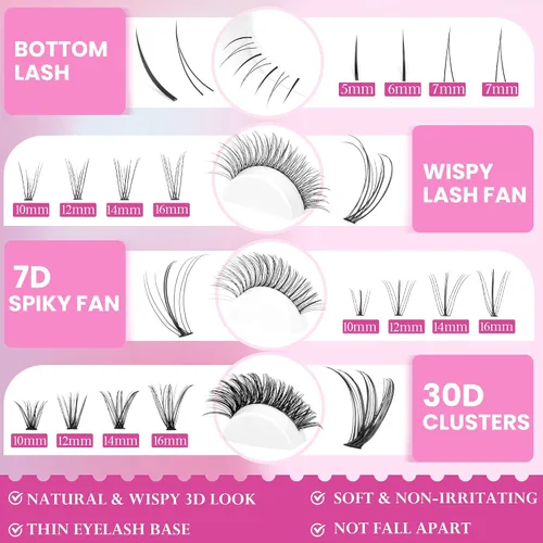 Miniatura 3 de Kit de racimos de pestañas Geeneiya, kit de extensión de pestañas individuales DIY, kit de extensión de pestañas de múltiples tipos con pestañas