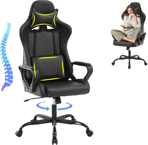 Miniatura 3 de Silla moderna para videojuegos, ergonómica con respaldo alto, silla de oficina de piel sintética con soporte lumbar, color negro