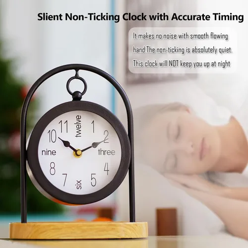 Miniatura 4 de Reloj de escritorio de metal negro con base de madera, reloj de mesa decorativo para sala de estar, relojes de repisa silenciosos, decoración