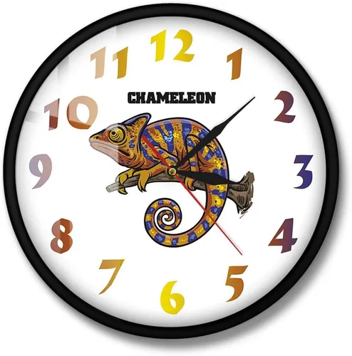 The Geeky Days Reloj de pared con marco de metal simple con estampado de camaleón, lagarto animal, arte surrealista, decoración de pared de cocina,