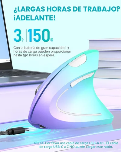 Miniatura 4 de Lekvey Ratón ergonómico, ratón vertical inalámbrico, ratón recargable óptico 2.4G para túnel carpiano: 800/1200/1600 DPI, 6 botones, para laptop