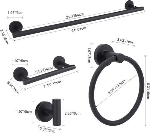 Miniatura 8 de Juego de accesorios de baño negro mate de 4 piezas, juego de toallero de acero inoxidable montado en la pared, incluye toalla de mano de 24