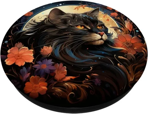 Miniatura 2 de Gato Negro Mirando Luna Llena Flores Celestiales Estrellas Floral PopSockets Estándar PopGrip