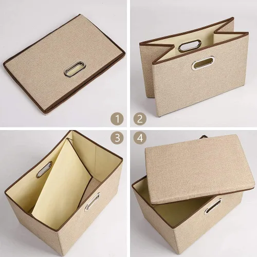 Miniatura 4 de UUJOLY Contenedores de almacenamiento grandes de tela de lino, canastas plegables de tela de lino, caja de almacenamiento con tapa y asas