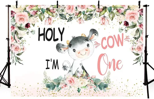 MEHOFOND Telón de fondo de vaca sagrada con texto en inglés «Holy Cow I'm One» de 8 x 6 pies con diseño floral rosa de vaca niña feliz 1er