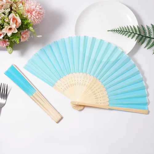 Miniatura 4 de Sepwedd 50pcs azul imitación seda tela bambú plegable mano ventilador novia baile accesorios iglesia boda fiesta favores con bolsas de organza