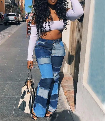 Miniatura 3 de Aodrusa - Jeans para mujer con dobladillo sin rematar acampanados hechos con parches