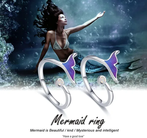 Miniatura 5 de Anillo de sirena de plata de ley 925 con ópalo oceánico ajustable, anillo abierto, joyería de sirena, regalo para mujeres y niñas, Plata de ley 925