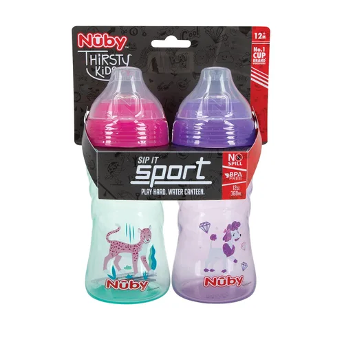 Miniatura 6 de Nuby Paquete de 2 Vasos Deportivos Sin Derrames Impresos Thirsty Kids No-Spill Sip-it con Boquilla Suave y Tapa - 12 oz, 12+ Meses, Paquete de 2