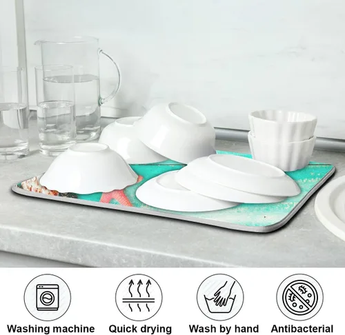 Miniatura 7 de Tapete absorbente para secado de platos para encimera de cocina, conchas verdes en la tabla de madera, almohadilla de secado de microfibra, 27