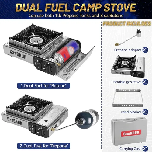 Miniatura 3 de GasBRUH Estufa de propano o butano con bloqueador de viento, doble combustible de 10,000 BTU Estufa de propano de acero inoxidable para acampar