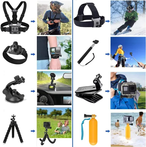 Miniatura 4 de Kit de accesorios para GoPro Hero 13 12 11 10 9 8 Max 7 6 5 4 Negro GoPro 2018 Sesión Fusion Plata Blanco Insta360 DJI SJCAM APEMAN AKASO y otras