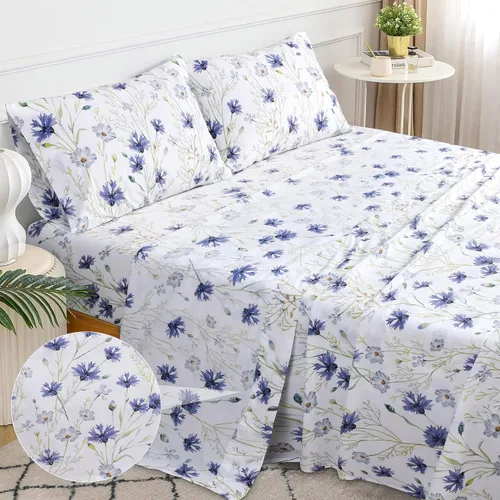 Miniatura 3 de Sleepdown Juego de sábanas tamaño individual 100% algodón, juego de 3 piezas de sábanas de percal (Azul Floral)