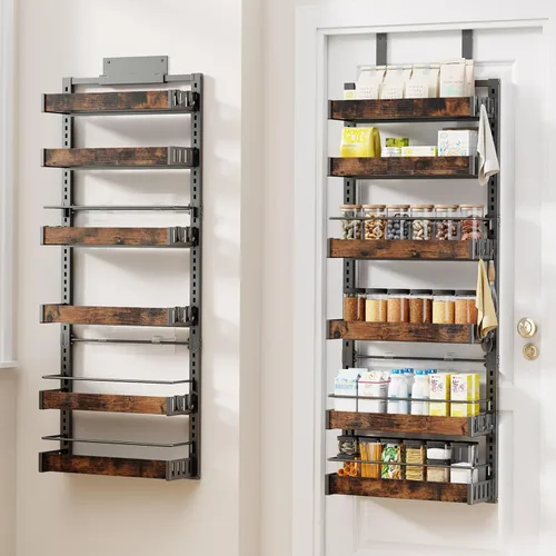 Organizador de despensa de 6 niveles para colgar en la puerta, 2 EN 1 de montaje en pared o estante de especias colgante de metal para organizadores