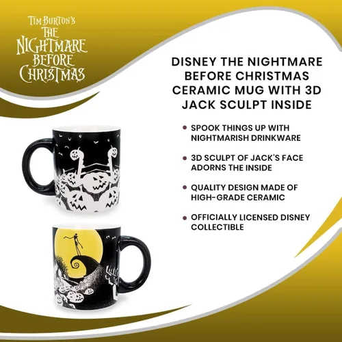 Miniatura 6 de Disney - Taza de cerámica de 18 onzas con diseño de Jack Skellington 3D en el interior, taza de café grande para expreso, cafeína, artículos