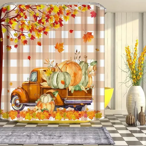 Miniatura 4 de NBVKO Juego de cortina de ducha de 4 piezas, diseño de Acción de Gracias de otoño, calabaza, camión, cortina de baño con tapete antideslizante