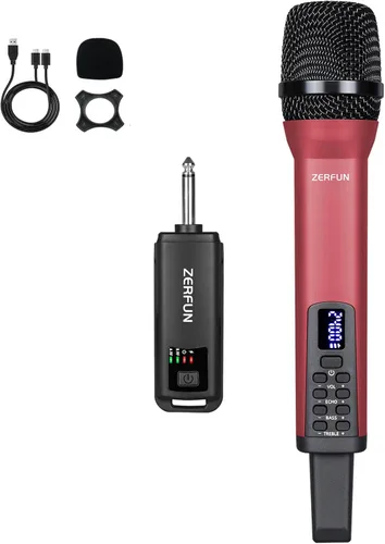Miniatura 8 de Micrófono inalámbrico recargable, sistema de micrófonos de mano inalámbricos profesionales dinámicos con control de eco, agudos, graves, volumen