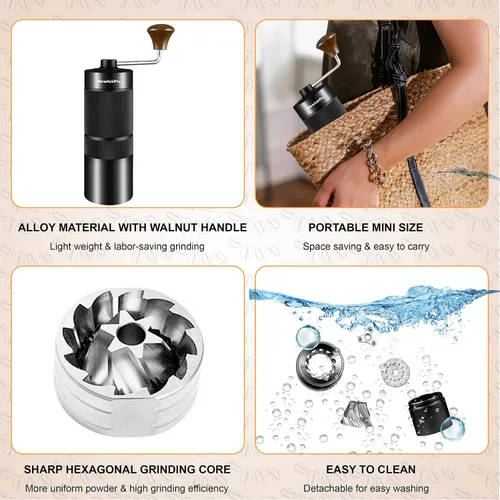 Miniatura 3 de Molinillo de Café Manual M6, Capacidad 25g (0.88 oz), Molinillo de Café de Mano con Cuerpo de Aluminio, Núcleo de Fresas de Molienda Hexagonales