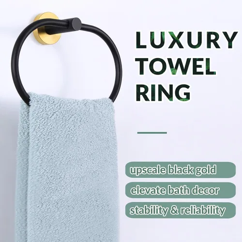 Miniatura 2 de APLusee Anillo de toalla de mano de oro negro, tenedor de toalla de mano de acero inoxidable para baño montado en la pared