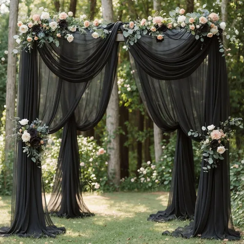 Miniatura 8 de Tela drapeada para arco de boda, 1 panel de 18 pies, cortina de telón de fondo transparente negro de gasa para boda, arco, ceremonia, cenefa