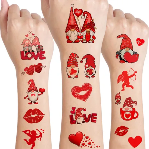 12 hojas de tatuajes temporales de corazón de San Valentín para mujeres, suministros de fiesta del día de San Valentín, corazón rojo, amor, labio,
