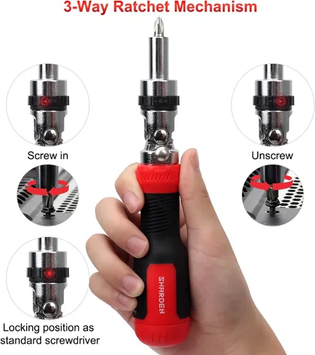 Miniatura 4 de SHARDEN Destornillador de trinquete 13 en 1 Destornillador multibit todo en uno Juego de destornilladores con Phillips, cabeza plana, seguridad Rojo