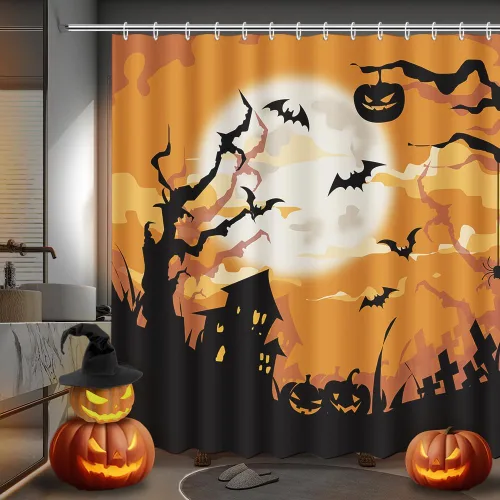 Miniatura 8 de MEHOFOND Cortina de ducha de murciélagos espeluznantes para Halloween, diseño de murciélago volador, cortina de baño decorativa de Halloween