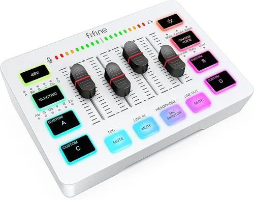 Miniatura 10 de FIFINE Mezclador de audio para juegos, mezclador de PC RGB para streaming con interfaz de micrófono XLR, control individual, atenuador de volumen