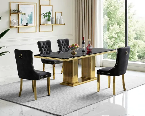 Miniatura 33 de Juego de mesa de comedor de mármol para 4, mesa de cocina rectangular de mármol negro de 68 pulgadas con base en H de acero inoxidable dorado, juego