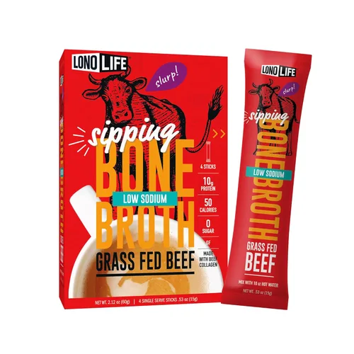 LonoLife - Sobres individuales de caldo de hueso de ternera bajo en sodio: 0.35 onzas de proteína, apto para dieta Keto, 4 porciones individuales