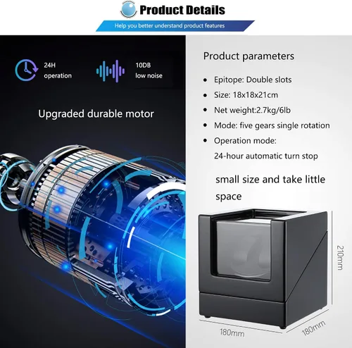 Miniatura 4 de NEWTRY Bobinadora automática de relojes dobles con motor silencioso de luz azul para relojes, adaptador de CA o funciona con pilas, para hombres