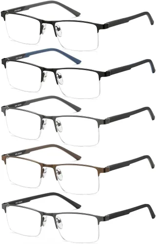 EYECEDAR Paquete de 5 lentes de lectura con bloqueo de luz azul de alta calidad para hombre, medio marco de metal, bisagras de resorte, lectores de