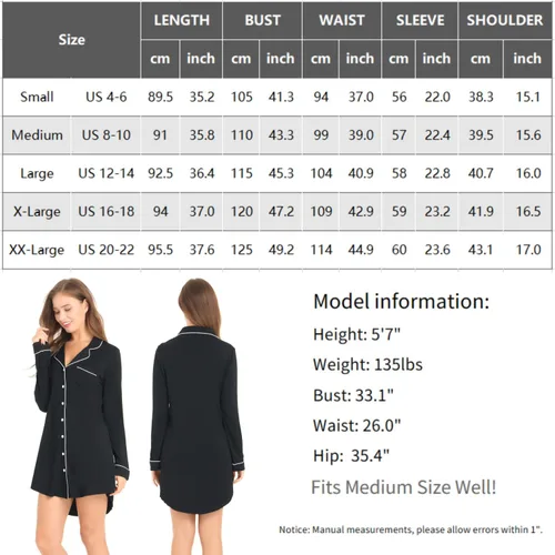 Miniatura 7 de Cherrydew Camisones para mujer, de viscosa de bambú, suave, de manga larga, con botones, para dormir, tallas S-XXL