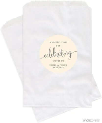 Miniatura 34 de Andaz Press Bolsas de regalo personalizadas para mesa de postre, agradecimiento por celebrar con nosotros, aguamarina, paquete de 24, personalizadas
