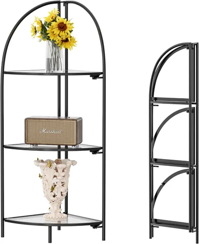 Miniatura 19 de Crofy Estante esquinero plegable de 3 niveles, soporte de esquina de metal para plantas con marco negro y estantes negros, estante de exhibición
