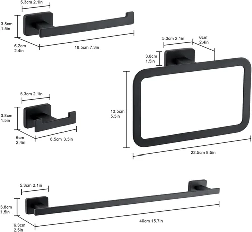 Miniatura 2 de Juego de 4 accesorios de baño de piezas, juego de toalleros de acero inoxidable negro mate montado en la pared, incluye toallero de 16 pulgadas