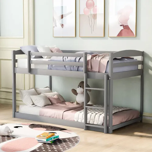 Miniatura 3 de Harper & Bright Designs Litera baja individual sobre individual, marco de cama individual de madera con escalera y barandillas, literas bajas
