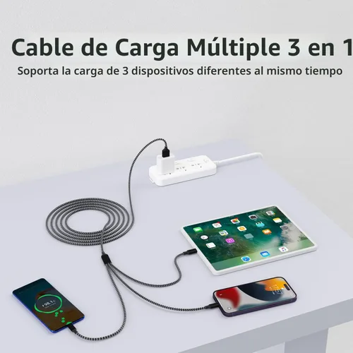 Miniatura 7 de Cable de carga múltiple (paquete de 2 cables de 4 pies) 3 en 1 para múltiples dispositivos, cable de carga universal trenzado de nailon para Negro