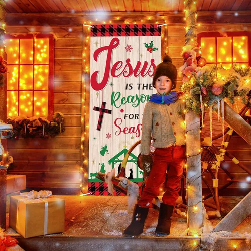 Miniatura 4 de Cubierta de puerta religiosa de Jesús de Navidad, telón de fondo para puerta de fiesta de Navidad con texto en inglés «Jesús es la razón