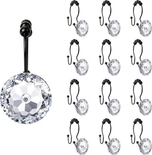Miniatura 21 de Sunlit Diseño de Lujo Redondo Aqua Azul Diamante Cristal Gema Bling con Bolas Deslizantes Ganchos para Cortina de Ducha, Anillos para Cortina