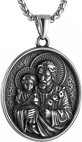 Miniatura 9 de HZMAN Collar de acero inoxidable de San José/María/Jesús para hombres y mujeres, medalla cristiana, amuleto, colgante, joyería de regalo